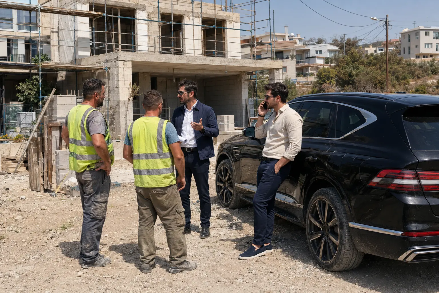יזם, איש מכירות ושני אנשי צוות באתר בנייה של פרויקט מגורים חדש בקפריסין