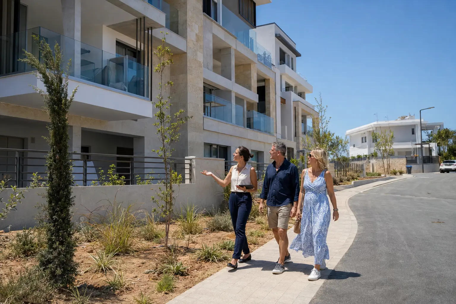 זוג ואשת מקצוע בוחנים פרויקט דירות חדש וסביבתו בפאפוס