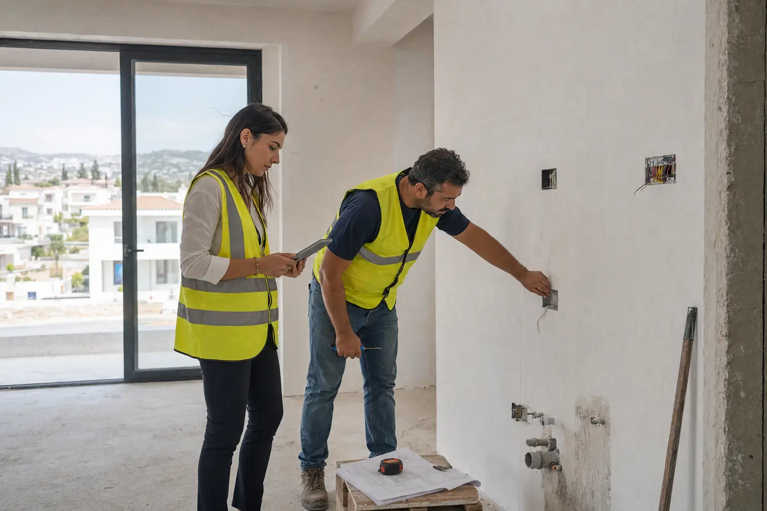 אדריכלית ומהנדס בודקים את התקדמות הבנייה בנכס חדש בקפריסין